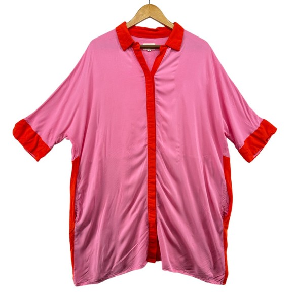 Margo Baridon Colorblock Tunic Dress Size XL Pink Red Relaxed Fit Button Down - Picture 3 of 15